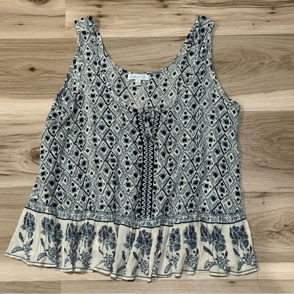Patrons of Peace Cream Blue Lightweight Boho Tank Top Women’s Medium
